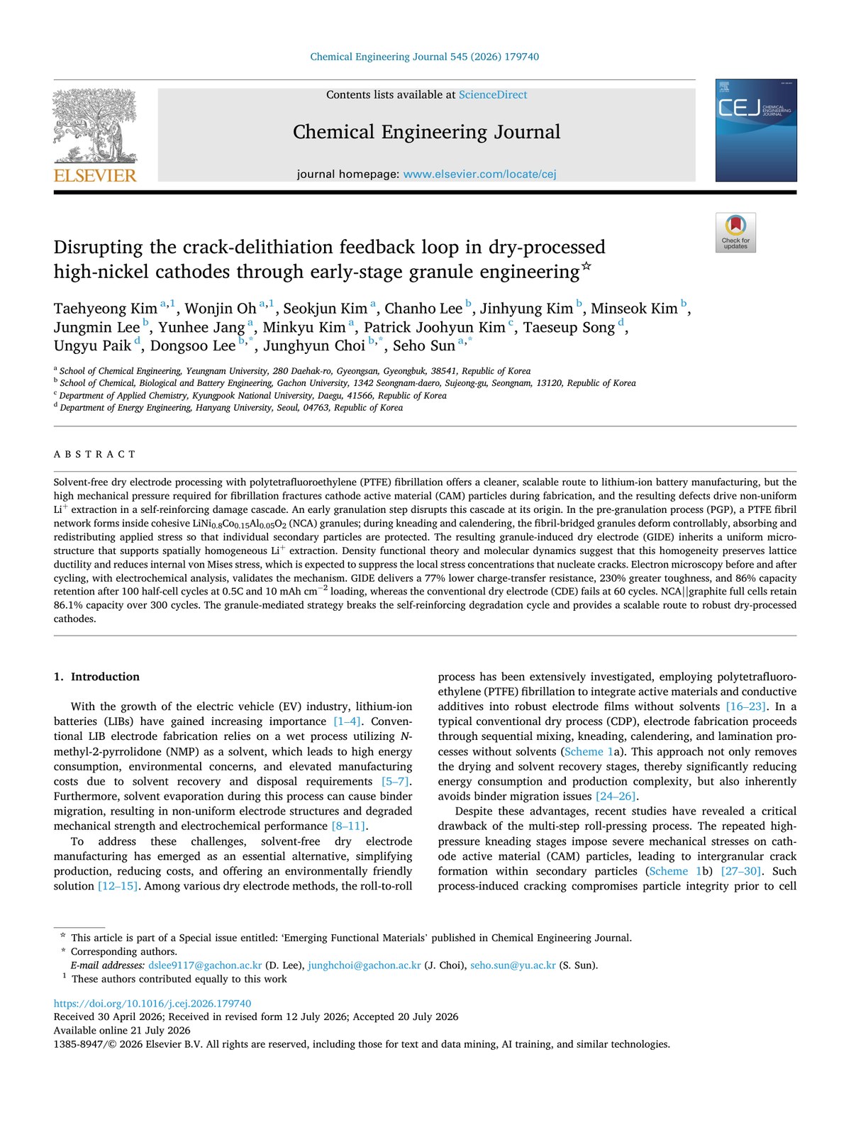 Chemical Engineering Journal 545 (2026) 179740 — 논문 첫 페이지